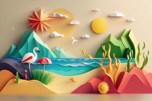 färgrik sommar tid bakgrund med tropisk hav, papper hantverk stil. generativ ai foto
