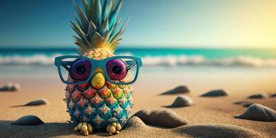 ananas med solglasögon på tropisk hav sommar bakgrund. generativ ai foto