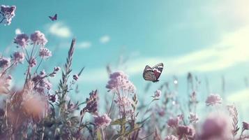 drömmande blommig vår bakgrund med lila blommor och fjärilar på blå himmel foto