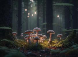 fantasi svamp landskap i de skog skapas med generativ ai teknologi foto