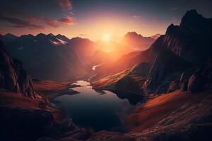 naturskön soluppgång i de hög bergen av de alpes generativ ai foto