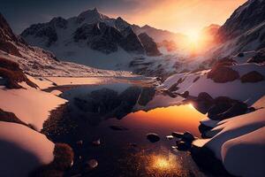 naturskön soluppgång i de hög bergen av de alpes generativ ai foto