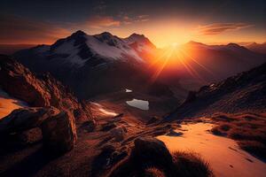 naturskön soluppgång i de hög bergen av de alpes generativ ai foto