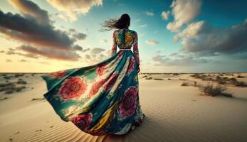 graciös kvinna stående på strand i strömmande färgrik klänning. generativ ai foto