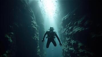 upptäcka de undrar av de under vattnet värld dykning dykare utforskning. generativ ai foto
