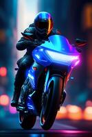 Foto skön cyberpunk flicka ridning en trogen motorcykel i en trogen stad generativ ai generativ ai