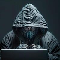 hacker använder sig av internet till hacka abstrakt dator server. huvor angripare i bärbar dator stjäl personlig data. blå glöd ljus. generativ ai foto