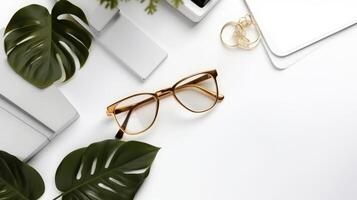 arbetssätt skrivbord bakgrund med glasögon. illustration ai generativ foto