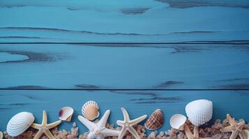 blå sommar bakgrund med skal. illustration ai generativ foto