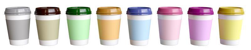 främre se av olika färgad drycker, tömma vit kaffe kopp med olika färgad kopp lock för design kaffe märken, te märken, drycker eller skapa kaffe menyer. foto