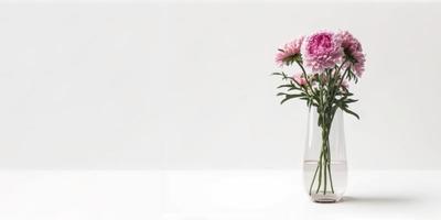 rosa blomma blomma i glas vas på tabell med vit bakgrund. kopia Plats. foto