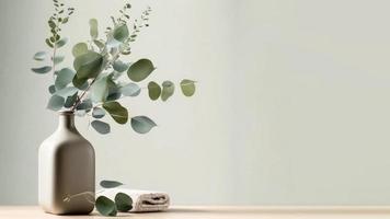 skön eukalyptus blomma i keramisk vas på tabell med vit bakgrund. kopia Plats. foto