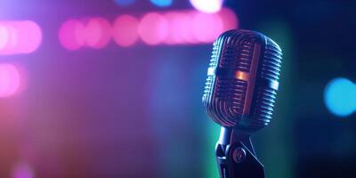 studio podcast mikrofon på suddigt neon bakgrund foto
