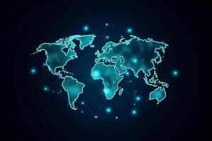 värld Karta med global teknologi social förbindelse nätverk med lampor och poäng, generativ ai foto