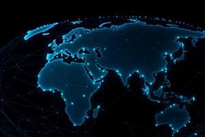 värld Karta med global teknologi social förbindelse nätverk med lampor och poäng foto