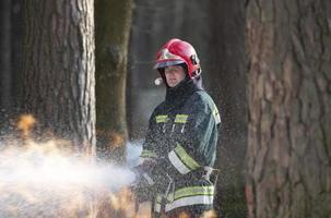 brandmän släcka en brand. en brandman i en skog på brand. foto