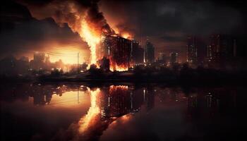 ai konstverk av stadsbild med brinnande byggnader efter katastrof foto