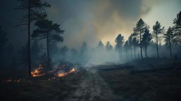 skog brand i de skog. de begrepp av katastrof och ekologi, bränning torr gräs och träd i de skog foto