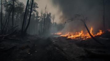 skog brand i de skog. de begrepp av katastrof och ekologi, bränning torr gräs och träd i de skog foto