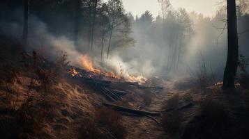 skog brand i de skog. de begrepp av katastrof och ekologi, bränning torr gräs och träd i de skog foto