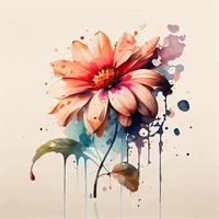 blomma gerbera med måla droppar och prickar hand ritade. vektor vattenfärg illustration foto