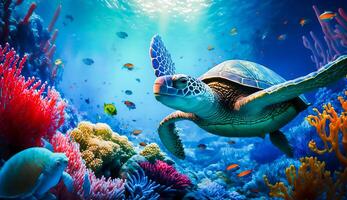 färgrik tropisk fisk och sköldpadda liv i de korall rev, djur av de under vattnet hav värld, generativ ai foto