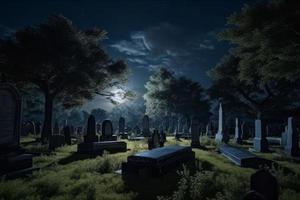 gammal kyrkogård på en månljus natt. generera ai foto