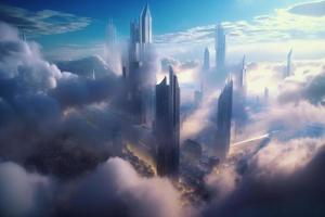 moln hyresgäster stor framtida. stad skyskrapa dimma. generera ai foto