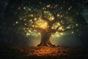 magi träd lampor. liv natt. generera ai foto