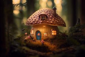 svamp skog magi hus. generera ai foto