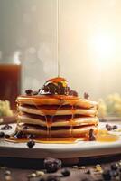 sirap är hällde ner och choklad pommes frites är på topp lång stack av gyllene pannkakor skiktad på en tallrik med smält Smör och sirap droppande ner de sidor av de stack. generativ ai. foto