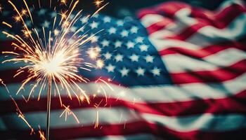 Lycklig 4:e av juli med de förenad stater flagga. fyrverkeri. närbild skott av vinkade flagga av de förenad stater av amerika. oberoende dag. generativ ai. foto