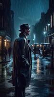 en man var gående ensam på natt och regnar genom en mörk bakgata i de stad. obefintlig person. generativ ai. foto