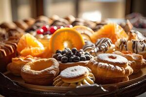 bageri interiör med visa räknare full av härlig bröd och bakverk. affär en konditori eller bageri med croissanter, äpple pajer, våfflor, och churros. nyligen bakad bakverk. generativ ai foto