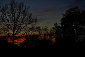 färgrik solnedgång med röd himmel och träd och moln foto