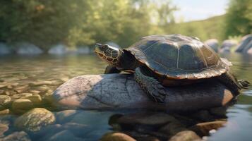 sköldpadda på en sten ai genererad foto