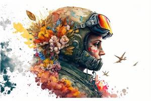 illustration av pilot i hjälm med blommor runt om, vit bakgrund. ai foto