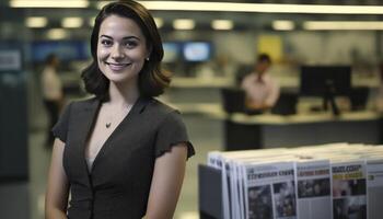 en skön leende ung kvinna journalist i främre av en suddigt nyhetsrum bakgrund ai genererad foto