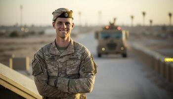 skön leende ung manlig soldat i främre av en suddigt militära bas bakgrund ai genererad foto
