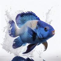 ett ultra realistisk elektrisk blå ciklid fisk den där hoppar förbi stänk på en vit bakgrund ai genererad foto