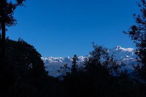 himalaya landskap, panorama- se av himalayan berg täckt med snö. himalaya berg landskap i vinter- i kedarnath dal. foto