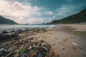 en massa av plast avfall på en tropisk dröm strand skapas med generativ ai teknologi. foto