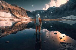en kvinna astronaut står förbi en sjö och utseende på de stjärnor skapas med generativ ai teknologi. foto
