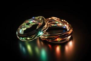 två bröllop ringar tillverkad av ljus och energi skapas med generativ ai teknologi. foto