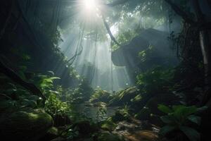 djungel med ljus strålar kommande från ovan skapas med generativ ai teknologi. foto