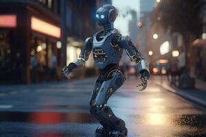 ett ai robot dans i en upptagen gata för några pengar skapas med generativ ai teknologi. foto