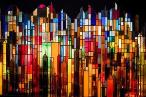 en färgade glas stad bakgrund skapas med generativ ai teknologi. foto