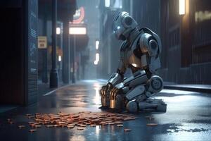 en hemlös ai robot Sammanträde på en gata hörn tiggeri för en få mynt skapas med generativ ai teknologi. foto