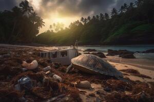 en massa av diskad plast avfall på en tropisk dröm strand en stor sköldpadda mellan de plast avfall skapas med generativ ai teknologi. foto