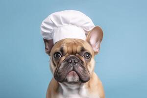 franska bulldogg i en kockens hatt. generativ ai. foto